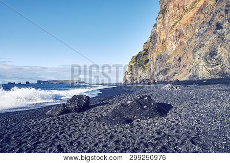 View Of The Shore With Black Sand In Iceland