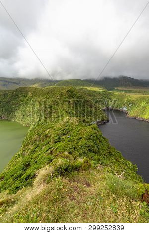 Portrait View Of Twin Crater Lakes On Flores Island In The Azores.