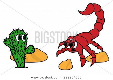 Cute Cactus And Angry Scorpion In Dessert Image. Stock Vector Illustration