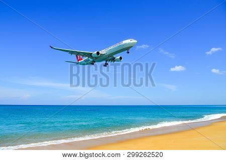 Phuket, Thailand - Apr 4, 2019. Tc-jod Turkish Airlines Airbus A330-300 Landing Above The Sand Beach