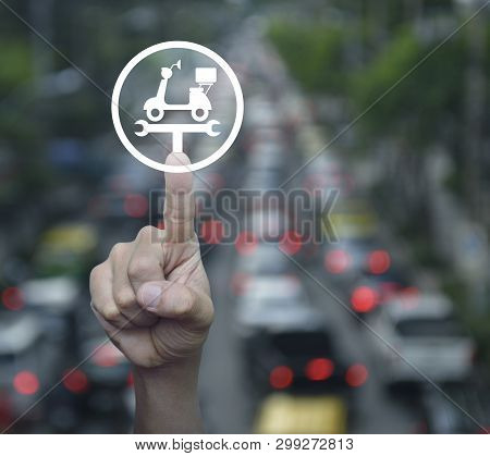 Hand Pressing Service Fix Motorcycle With Wrench Tool Flat Icon Over Blur Of Rush Hour Road With Car
