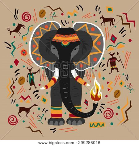 Graphic Vector Illustration With Ornaments And Symbols. Large And Strong Elephant Decorated With Orn