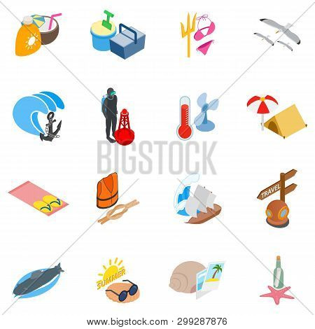 Sea Route Icons Set. Isometric Set Of 16 Sea Route Vector Icons For Web Isolated On White Background