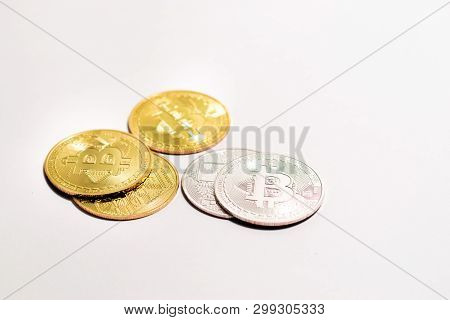 Crypto Currency Golden And White Bitcoin Isolated On White Background.