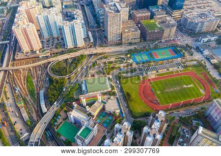 Kowloon Bay, Hong Kong 25 April 2019: Drone fly over Hong Kong city