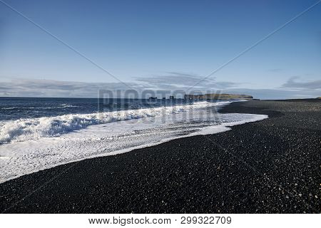 View  To The Shore With Black Sand In Iceland