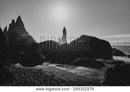View Of The Atlantic Ocean From The Coast Of Iceland. The Reynisfjara Beach