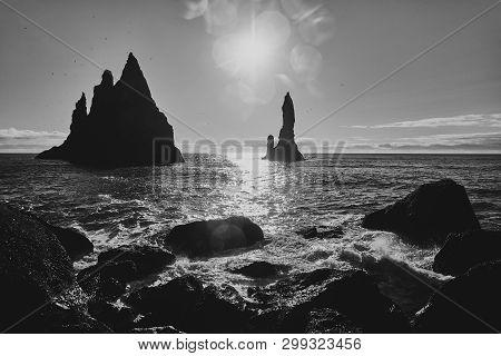 View Of The Atlantic Ocean From The Coast Of Iceland. The Reynisfjara Beach