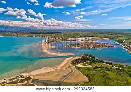 Historic Town Of Nin Laguna And Beach Sandbars Aerial View, Ravni Kotari Background, Dalmatia Region