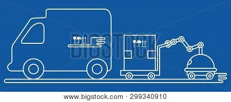 Vector Illustration With Robot Loader Loads Boxes Into A Truck. Automation Warehouse Processes. Smar