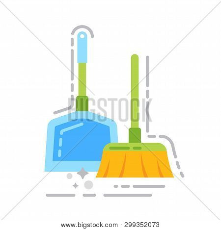 Scoop And Broom Flat Color Icon. Sign For Web Page, Mobile App, Banner. Isolated Template.