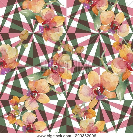 Orchid Bouquets Floral Botanical Flowers. Watercolor Background Illustration Set. Seamless Backgroun