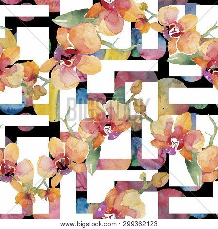 Orchid Bouquets Floral Botanical Flowers. Watercolor Background Illustration Set. Seamless Backgroun