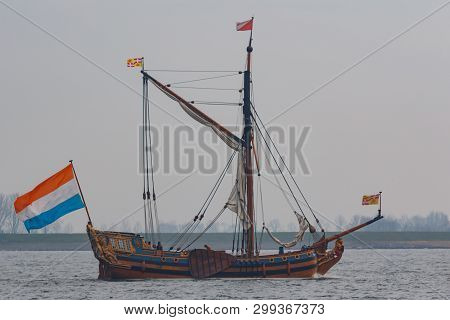 Kampen, The Netherlands - March 30, 2018: State Yacht De Utrecht Is Sailing To Kampen To Attend Sail