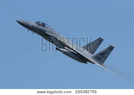 Leeuwarden, Netherlands April 18, 2018: A Usaf F-15 Of 142 Redhawks Fighter Wing During The Frisian 