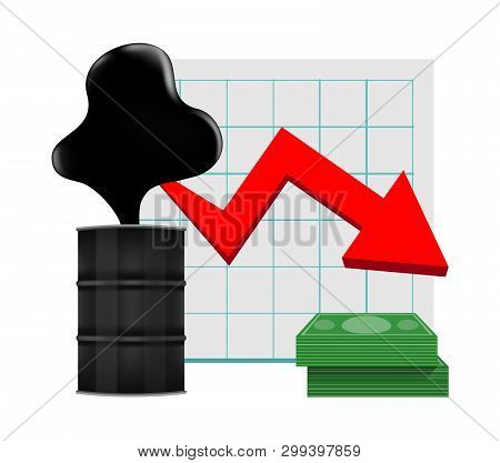 Crude Oil With Falling Graph And Dollars Symbol Red Arrow Isolated On White Background, Black Crude 