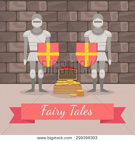 Medieval Knights In Armour Guarding The Chest Of Gold, Fairy Tales Banner Template, Design Element C