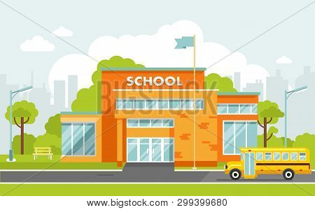 Education Concepy With School Building In Flat Style.