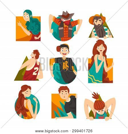 Collection Of Cheerful People Looking Out Geometric Shapes Cartoon Vector Illustration
