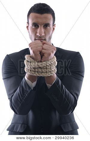 Zakenman trekken en bond vastgebonden met touw concept geïsoleerd op een witte achtergrond in studio