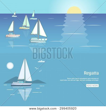 Yacht Club Flyer Design With Sail Boat. Luxury Yacht Race, Sea Sailing Regatta Banner Illustration