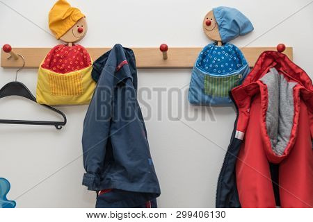Childrens Wardrobe With Child-friendly Clothes Hooks And Kids Jackets - Close-up