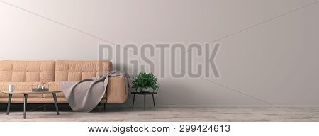 Interior Of Living Room With Coral Sofa, Wooden Coffee Table With Vase With Branch Panorama 3d Rende