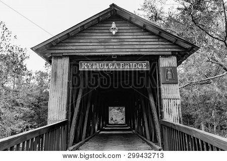 Childersburg, Alabama/usa-november 10, 2018: Black And White Headon Image Of Historic Kymulga Bridge