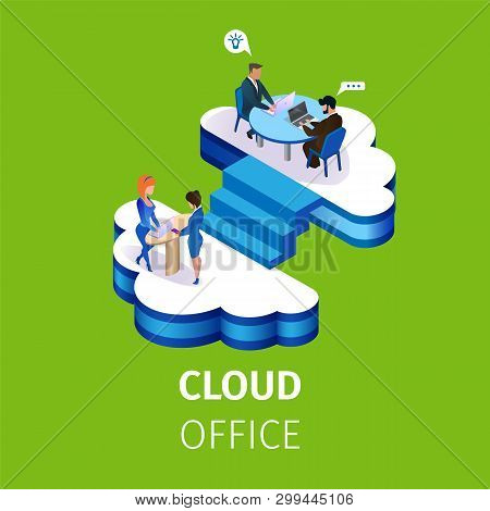 Business People Working In Multistorey Office With Floors In Shape Of Cloud Connected With Stairs. M