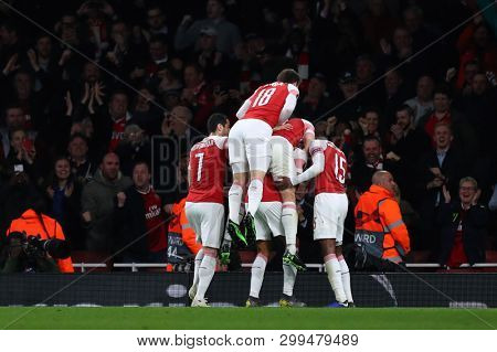 LONDON, ENGLAND - MAY 02 2019: Pierre-Emerick Aubameyang of Arsenal celebrates scoring a goal during the Europa League semi final leg one match between Arsenal and Valencia.