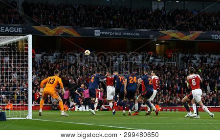 LONDON, ENGLAND - MAY 02 2019: Neto of Valencia watches the ball from a corner during the Europa League semi final leg one match between Arsenal and Valencia.