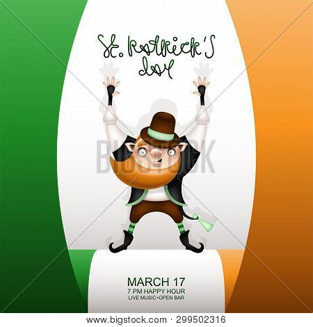 Postcard, Flyer, Invitation To A Holiday Or A Party. Greeting Inscription, Irish Flag Character In A