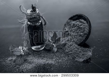 Ayurvedic Herb Brahmi Or Waterhyssop With Its Essence  In A Small Transparent Glass Bottle Along Wit