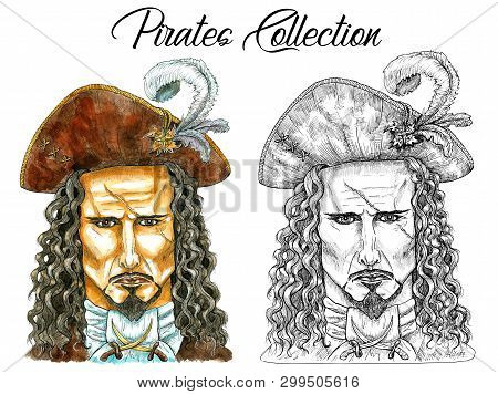 Portrait Of Pirate Captain With Scar And Silhouette. Hand Drawn Watercolor Nautical Illustration In 