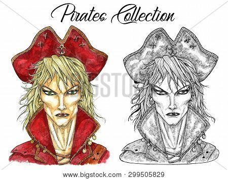Portrait Of Handsome Pirate Captain In Red Hat. Hand Drawn Watercolor Nautical Illustration In Old V