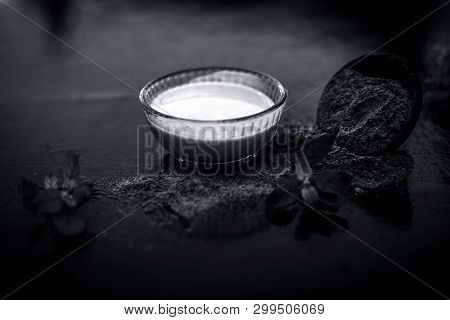 Ayurvedic Herb Brahmi Or Waterhyssop With Its Beneficial Paste Ina  Glass Bowl Along With Its Powder