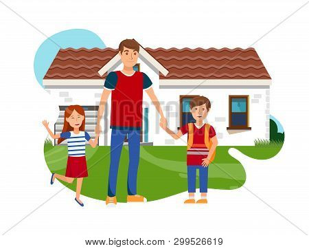 Young Father With Son And Daughter Flat Vector. Happy Man, Boy And Girl Standing Near House Isolated