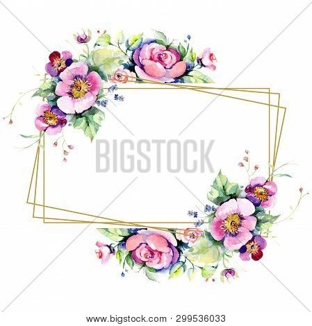 Pink Rose Bouquet Loral Botanical Flowers. Watercolor Background Illustration Set. Frame Border Orna