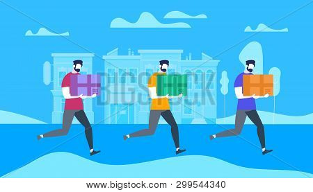 Young Bearded Men Characters Carrying Bulky Cardboard Package Boxes In Hands On City View Building A