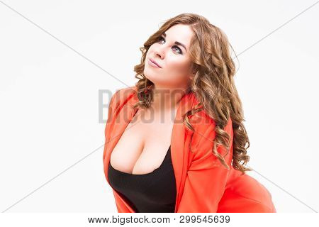 Plus Size Model With Big Breast And Deep Decollete, Fat Woman On White Background, Body Positive Con