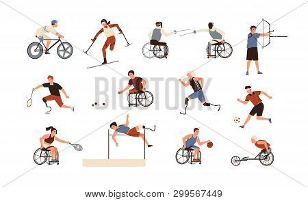 Collection Of Male And Female Paralympic Athletes Isolated On White Background. Bundle Of Disabled P