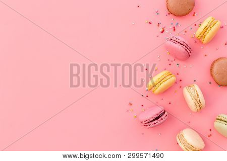 Brignt Macarons For Sweet Break On Pink Background Top View Mock Up
