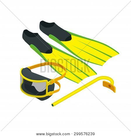 Isometric Diving Equipment. Aqualung Mask Tube And Flippers For Diving Vector Illustration Isolated 