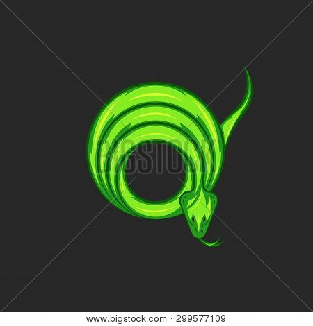 Green Mamba Snake Logo Twisted Rings Shape Reptile With Forked Tongue, Mascot Emblem T-shirt Print