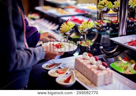 Close Up Delicious Dessert Pastry Cakes In The Hotel. Fresh Colourful Sweet Berry Desserts, Beautifu