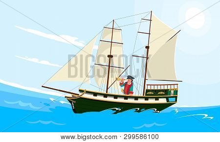 Realistic Flat Style Illustration Of An Old Wooden Sailing Ship On The Water And With The Captain On