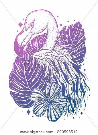 Flamingo Tattoo Tropical Animal Bird. Summer Nature Drawing. Gradient Color Isolated Ina White Backg