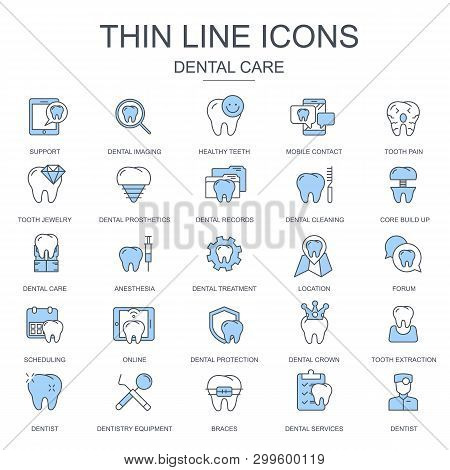 Thin Line Dental Care, Dentistry Equipment Icons Set For Website And Mobile Site And Apps. Contains 