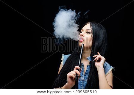 Hookah Bar. Electronic Cigarette. Bad Habit. Woman Vapor. Unhealthy Addiction. Tabacco Drug. Exhale 