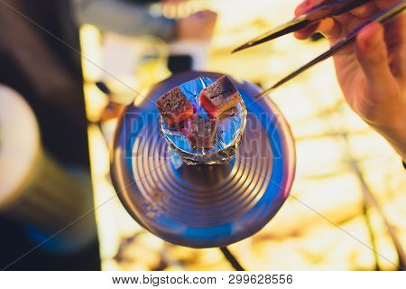 Shisha Hookah With Red Hot Coals. Sparks From Breathe. Modern Hookah For Relax And Shisha Smoke.